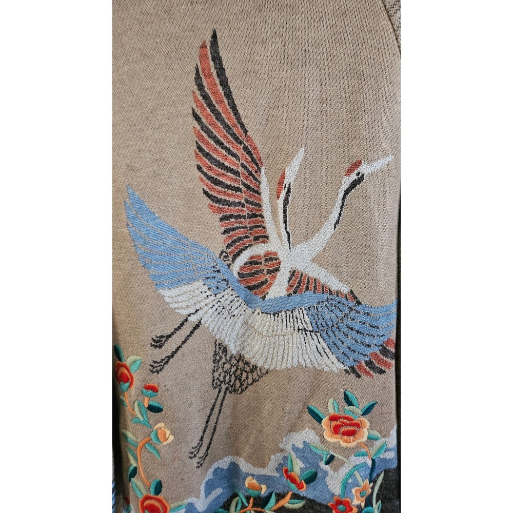 HMR Anthro Tan Knit Open Front Cardigan Embroidered Crane Floral Shawl Sweater